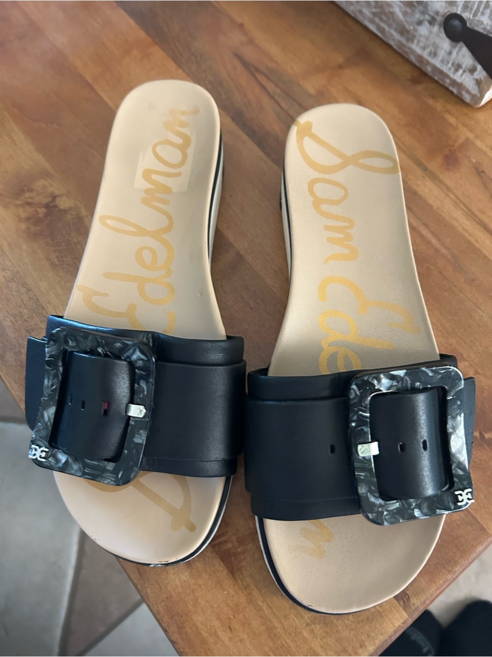 Sam Edelman Black Slide Sandals with Marbled Gray Buckles